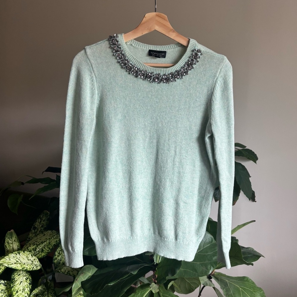 Topshop Light Green Sweater with Embellished Neckline